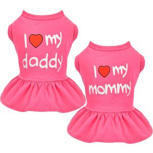 Dog Dresses for Medium Dogs Girl, 2-Pack Pink Clothes Small Girl Summer I Love My Mommy Daddy Puppy Dress Shirt Lightweight Pet Outfit Cat Apparel(XS) Hot Pink