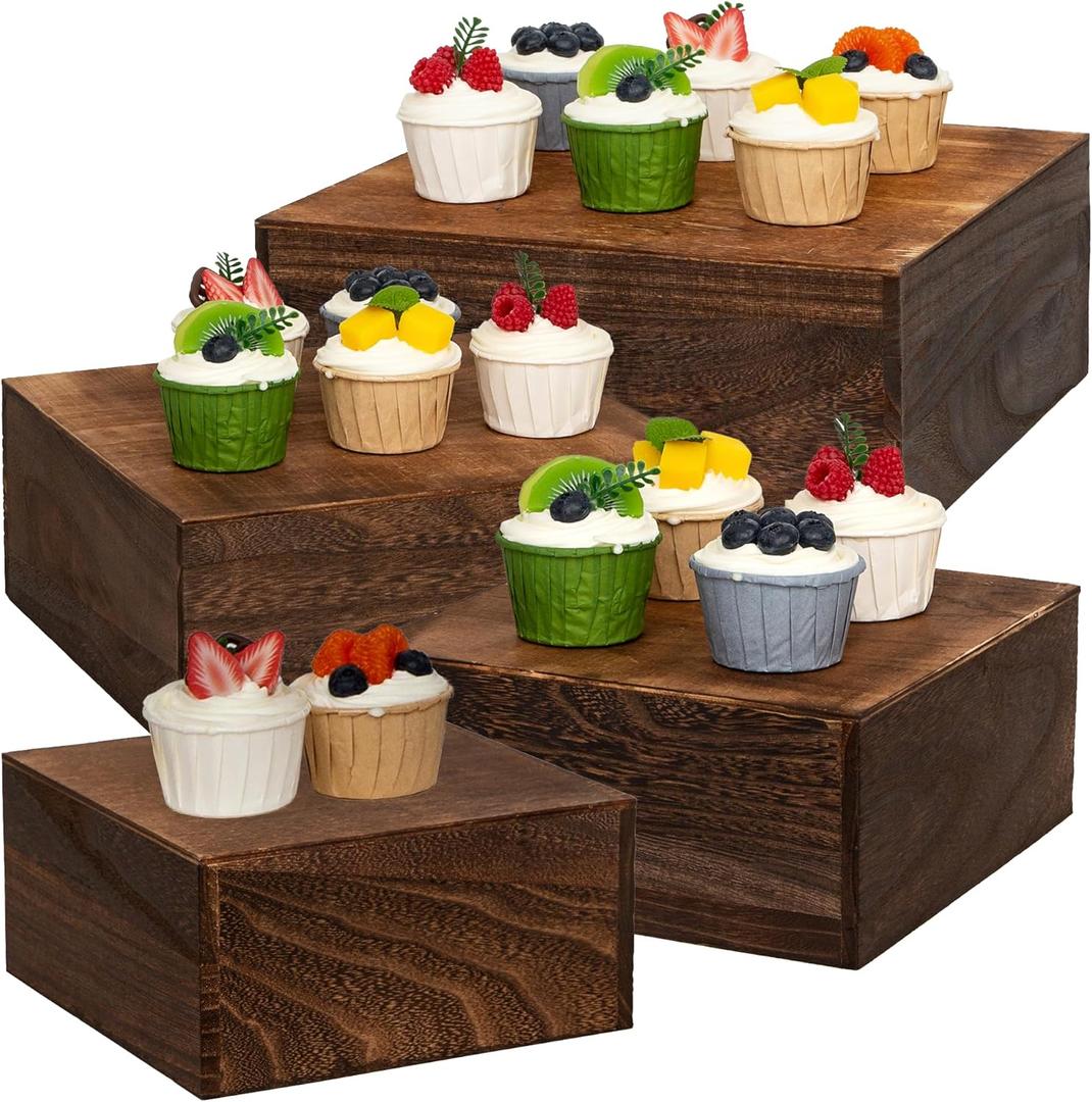 4 pieces wooden cake stands,antique brown cupcake stands for display,12 inches square wooden crates ,wood display risers for wedding,birthday party,Christmas,etc. (Antique Brown)