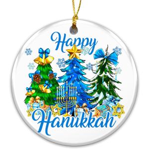 6 x Happy Hanukkah Ornament 2025  White Elephant Gift with Menorah, Stars of David & Festive Trees  Ceramic Round Hanukkah Decoration, Jewish, Home & Party Keepsake