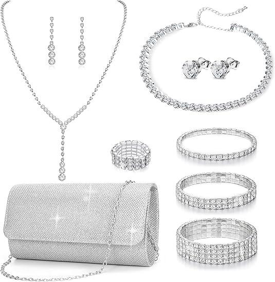 11 Pcs Silvery Clutch Purse Crystal Jewelry Set for Women Shiny Rhinestone Jewelry Accessories for Evening Party Bride Wedding | 11 Pcs, Silver, Shiny, Rhinestone, for Evening Party, Bride Wedding