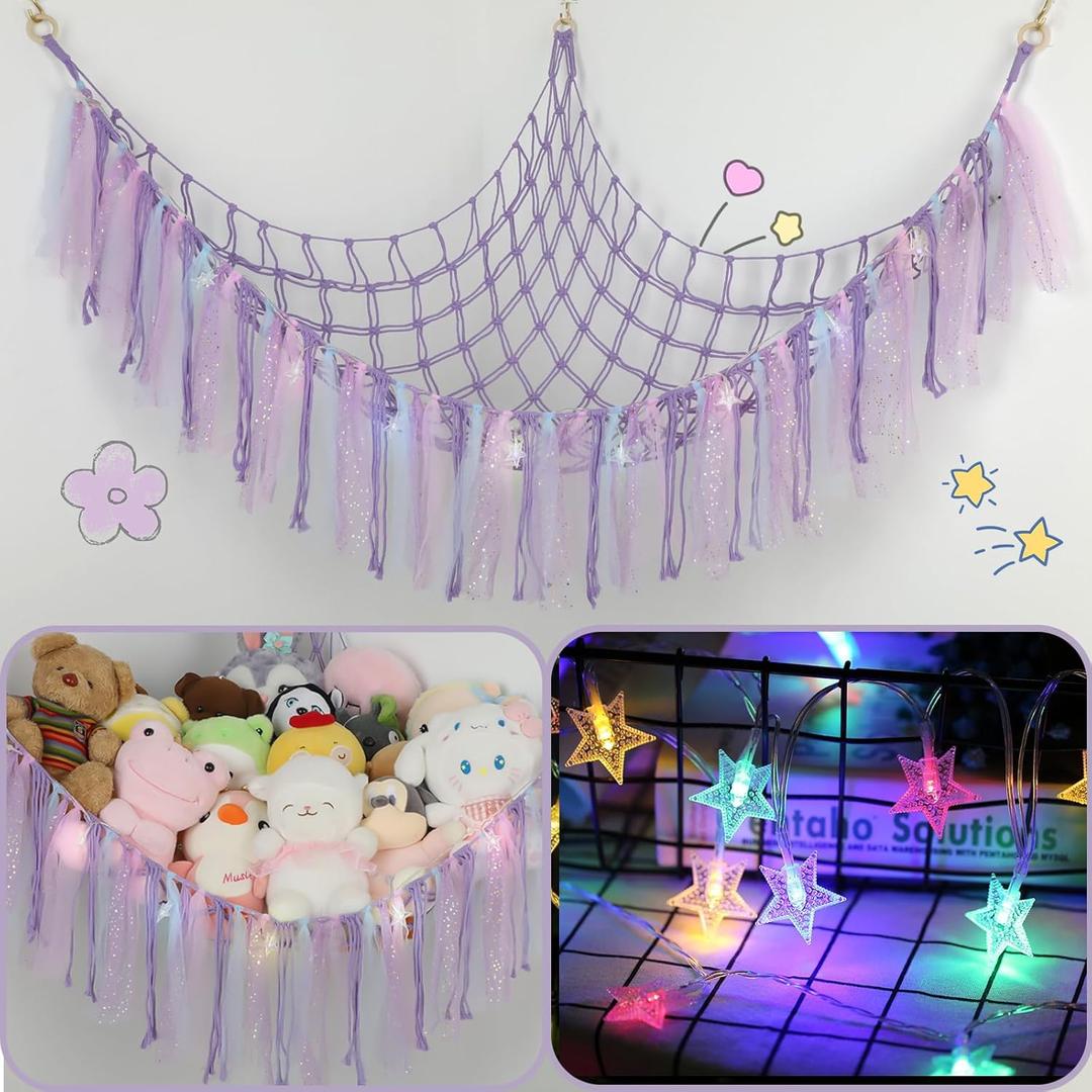 Stuffed Animal Hammock with LED Lights - 59 Inch Large Toy Storage Net for Kids Bedroom, Wall-Mounted Plush Organizer with Wooden Rings, Nursery Decor (Handwoven, Purple) Stuffed Animal Hammock with LED Lights - 59 Inch Large Toy Storage Net for Kids Bedroom, Wall-Mounted Plush Organizer with Wooden Rings, Nursery Decor (Handwoven, Purple)
