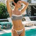 ZAFUL Bikini Sets for Women Plaid Ruffles Trim Swimsuit Sexy Tie Back Bowknot Triangle High Cut Tie Side Thong Bathing Suit (Beige, S)
