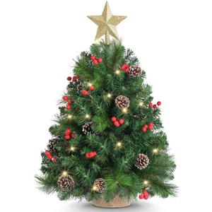 2ft Tabletop Pre-lit Christmas Tree with Star Treetop, Clear LED Lights, Artificial Xmas with Burlap Base for Table Desk Home Decor