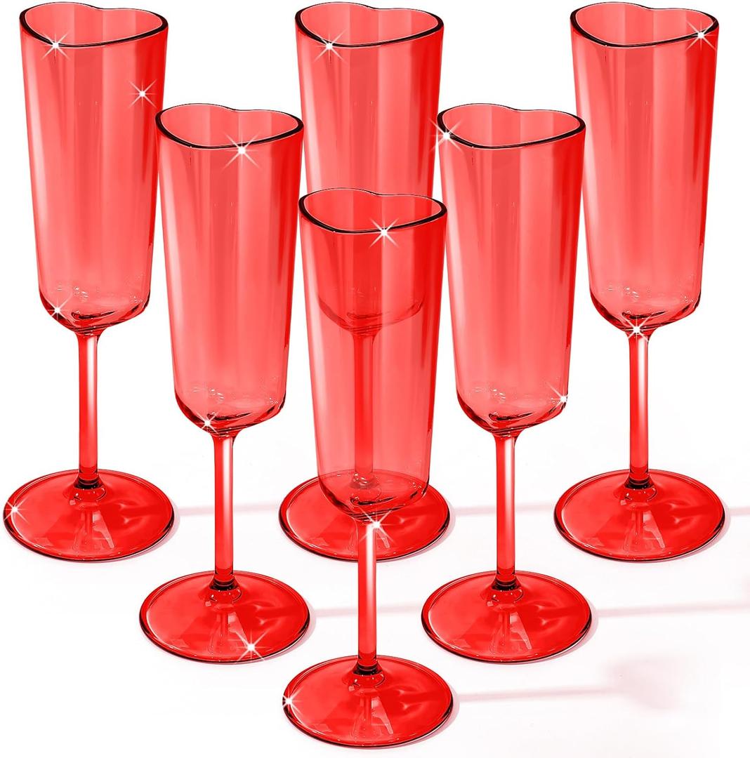 6 Pcs Valentine's Day Red Champagne Flutes 6 oz Heart Shaped Acrylic Champagne Flutes Valentine's Day Party Wine Cups Red Goblets Glasses for Wedding Anniversary New Year Party Supply