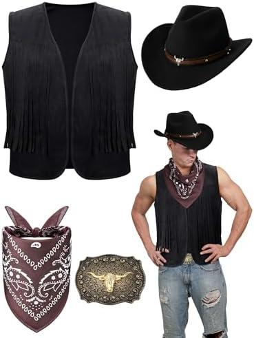 Toulite 1 Pcs Western Outfits for Men Cowboy Tassel Vest Hat Belt Buckle Paisley Bandana for Halloween Cosplay, M