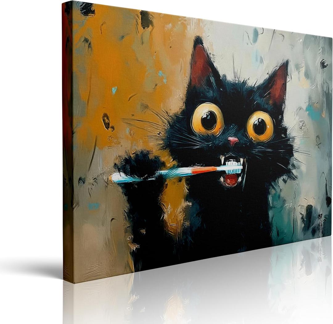 Whimsical Cat Framed Wall Art Canvas Toothbrush Bathroom Decor 16x24 Inches