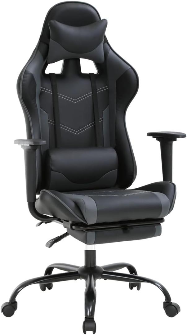 High Back Gaming Chair, Ergonomic Computer Chair with Footrest, Headrest and Lumbar Support, Height Adjustable PU Leather Desk Office Chair for Adults, Grey