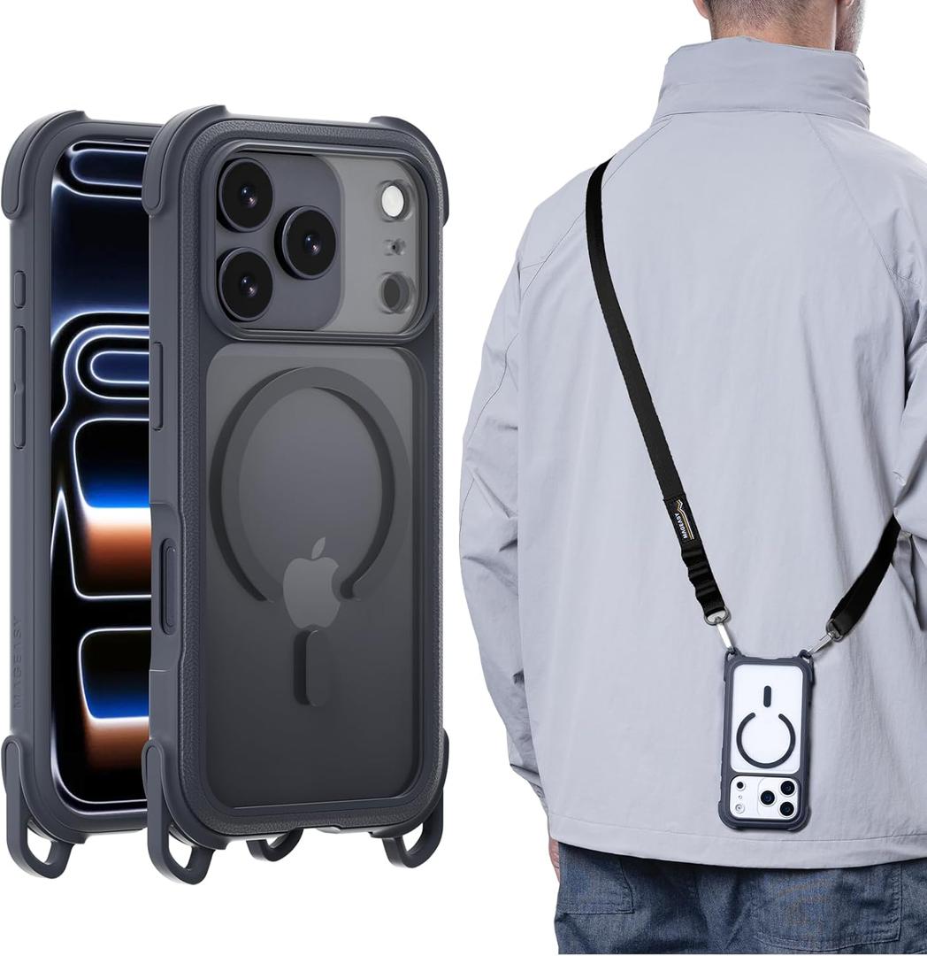 MAGEASY Compatible with iPhone 17 Pro 6.3" Case with Strap - 20ft Drop Protection Compatible with MagSafe, Leather Embedded Frame | Odyssey Strap M (Leatherette Midnight)