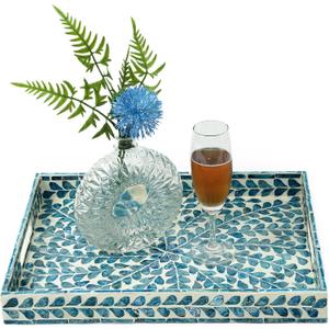 CLAYNIX Serving Tray 15.7" X11.8", Lacquer Mother of Pearl Inlay Mosaic Tray, Rectangle Wooden Marble Tray with Handles Trays for Tea, Breakfast in Bed, Table (Blue)