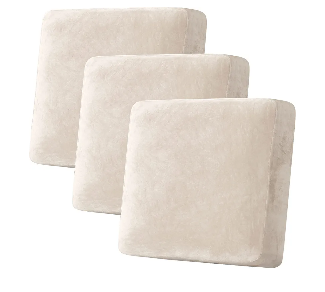 H.VERSAILTEX Velvet Stretch Couch Cushion Cover Plush Cushion Slipcover for Chair Loveseat Sofa Cushion Furniture Protector Seat Cushion Sofa Cover (3 Piece XL Sofa Cushion Covers, Ivory)