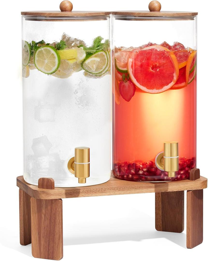 2 PCS 1.5 Gallon Drink dispenser, Glass Beverage Dispenser With Wood Stand, Large Water Drink Dispensers for Parties With Stainless Steel Spigot, Ideal for Lemonade, Juice, Tea, and Party Drinks