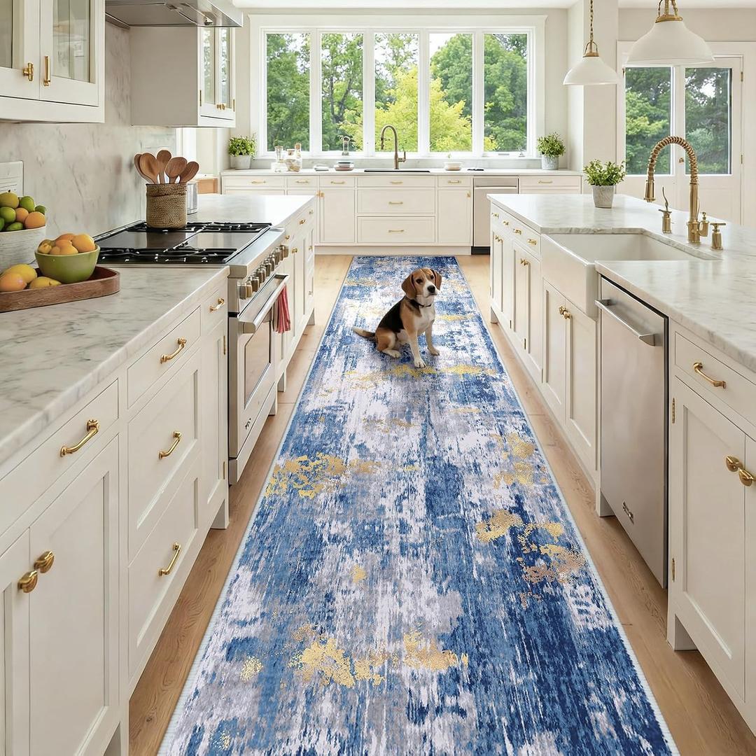RELEANY Washable Runner 3'x12' Abstract Area Rug for Hallway Blue Gold | carpet for kitchen, entryway, bathroom, living room, bedroom, printed pattern, non-slip, soft, stain-resistant, easy to clean