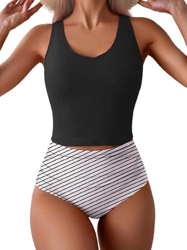 Eomenie Two Piece Tankini Swimsuits for Women Tummy Control Bathing Suits Cutout Back Swim Tank Top with High Waisted Bottom, Small