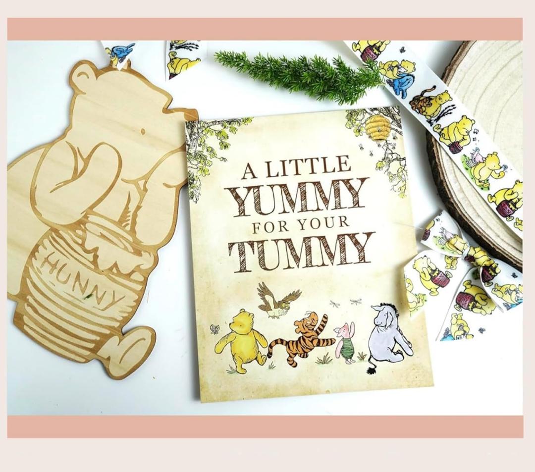 2 x 6PCS Winnie Table Sign with Stand, A Little YUMMY FOR YOUR TUMMY, Winnie Baby Shower Decorations, Classic Pooh Party Supplies, Vintage Winnie 8x10INCH
