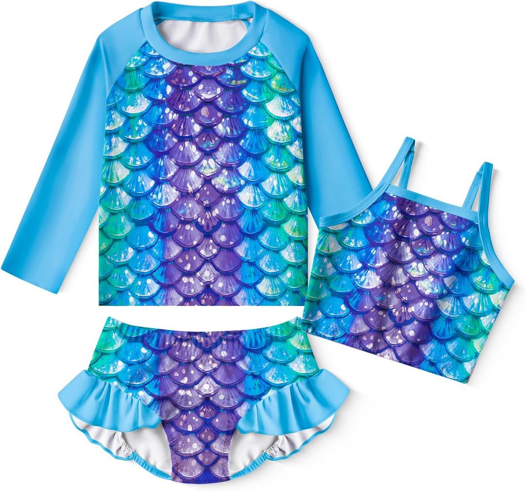 LQSZ Girls Rash Guard Sets Long Sleeves Swimsuit 3 Pieces Tankini Bathing Suit Swimwear for Girls 4-5T Years (Blue)