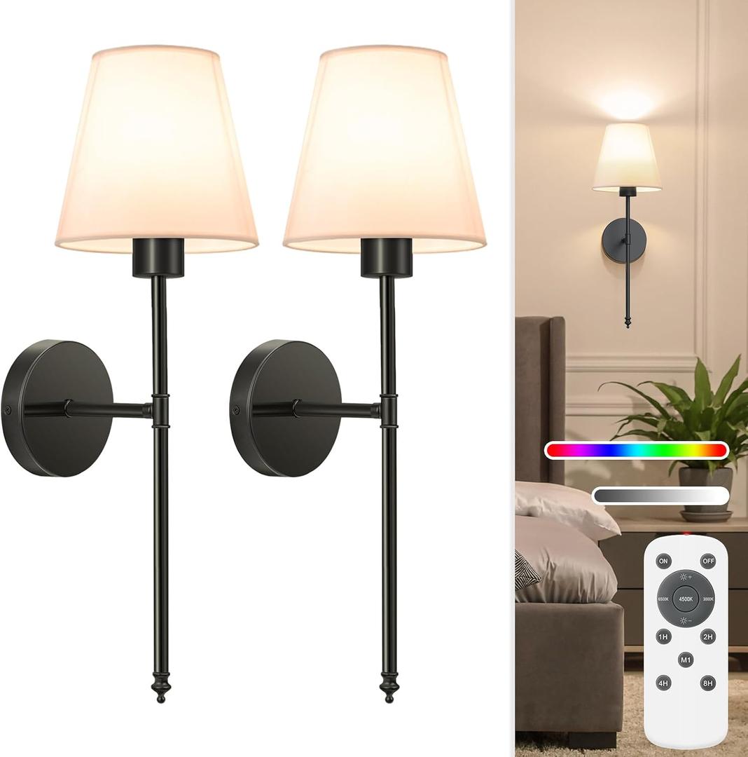 NIORSUN 19.9 inch Battery Operated Wall Sconce Set of 2,Black Rechargeable Wall Lights with 5200mAh Dimmable Detachable Bulbs and Remote,10 Colors Wireless Sconces for Bedroom Living Room Hallway