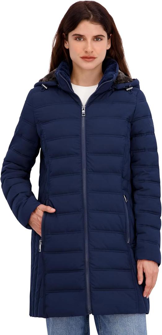 Nautica Women's Stretch Puffer Jacket- Faux Fur Lined Hood Wind & Water-resistant Winter Coat,L