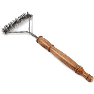 Stainless Steel Three Sided Grill Brush BBQ Grill Cleaner for Outdoor Grills, 17 Extended Wooden Handle, No-Scratch, Heavy-Duty Barbecue Cleaning Tool