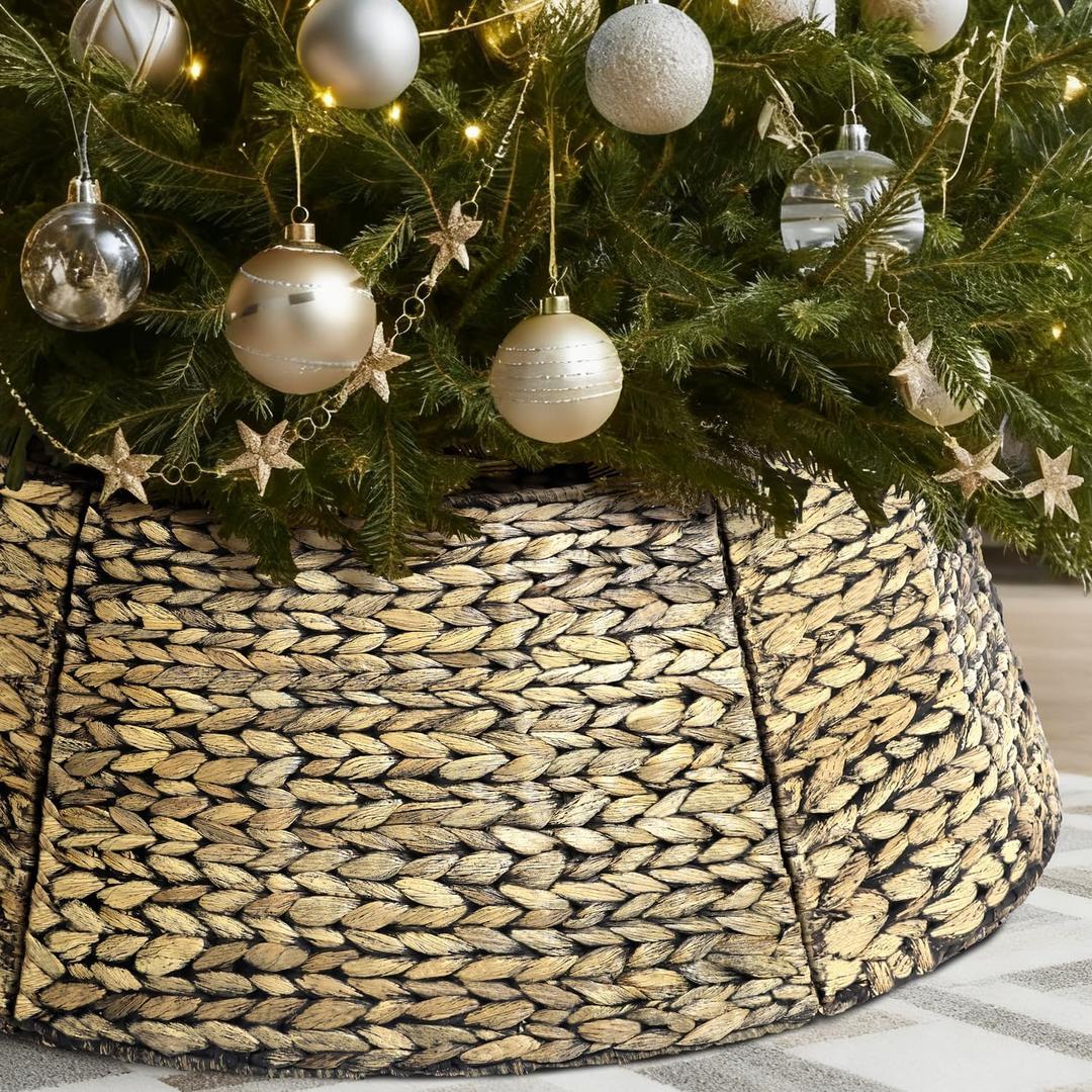 8-Piece Rattan Christmas Tree Collar - 42" Rustic Farmhouse Tree Skirt- Xmas Tree Base Cover for Christmas Decoration- Woven Holiday Tree Ring Accessory for Home, Living Room (Brown, 42 in)