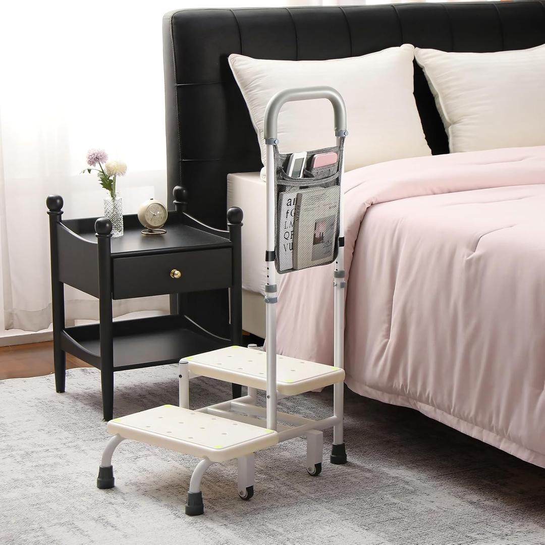 NOVII 2 Step Stool with Handle, Adjustable Bed Steps for High Beds for Adults, Step Stool with Wheels for Elderly, Portable Footstool for Bedroom, Kitchen, Bathroom (White with Bag)