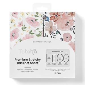 TotAha Premium Stretchy Bassinet Sheets for Baby Girl, Silky Comfort Cradle Sheets Fitted 18 x 36 for Oval, Rectangular, Hourglass Mattress, Hypoallergenic, Buttery Soft 2-Pack (Floral & Pale Pink)