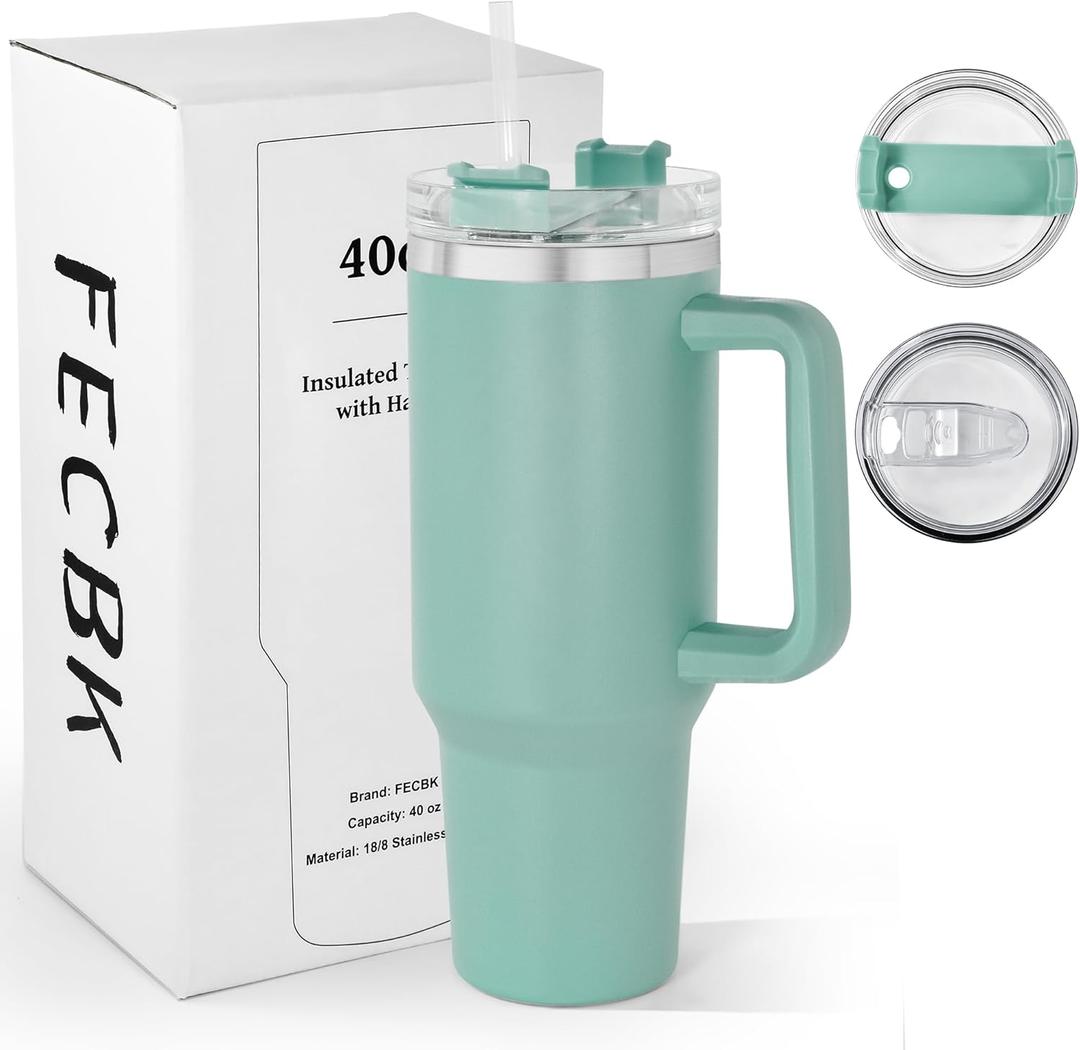 40 oz Tumbler with Handle and Straw, 100% Leak-Proof Travel Mug, Stainless Steel Double Wall Vacuum Insulated Coffee Cup Keeps Cold For 34 Hours, Dishwasher Safe, Teal