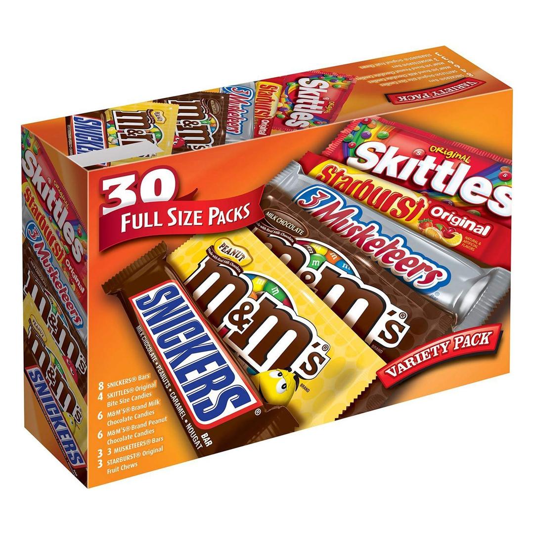 M&M'S, SNICKERS, SKITTLES, STARBURST & 3 MUSKETEERS Full Size Candy Bars Assorted Variety Box , 56.11 oz 30 Pieces