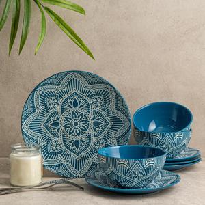 Bzyoo 12-Piece Ceramic Dinnerware Set: La La Mandala Blue Dish Set Design for Every Occasion - Microwave & Dishwasher Safe Stackable Plates Bowls