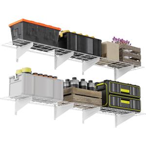 2-Pack 1x6ft Garage Wall Shelving, 12"x72" Shelf Storage Rack Floating Shelves Wall Mounted, Heavy Duty Storage Shelves, 800lbs Load Capacity, with 16 Hooks for Garage Organization, White