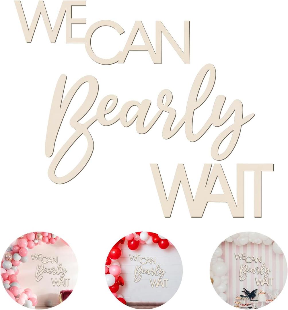 We Can Bearly Wait Sign Baby Shower Decorations, Large Wooden Banner We Can Bearly Wait Sign for Backdrop Gender Reveal Party Girl Boy Baby Bear Theme Party Decoration (17.5 inches)