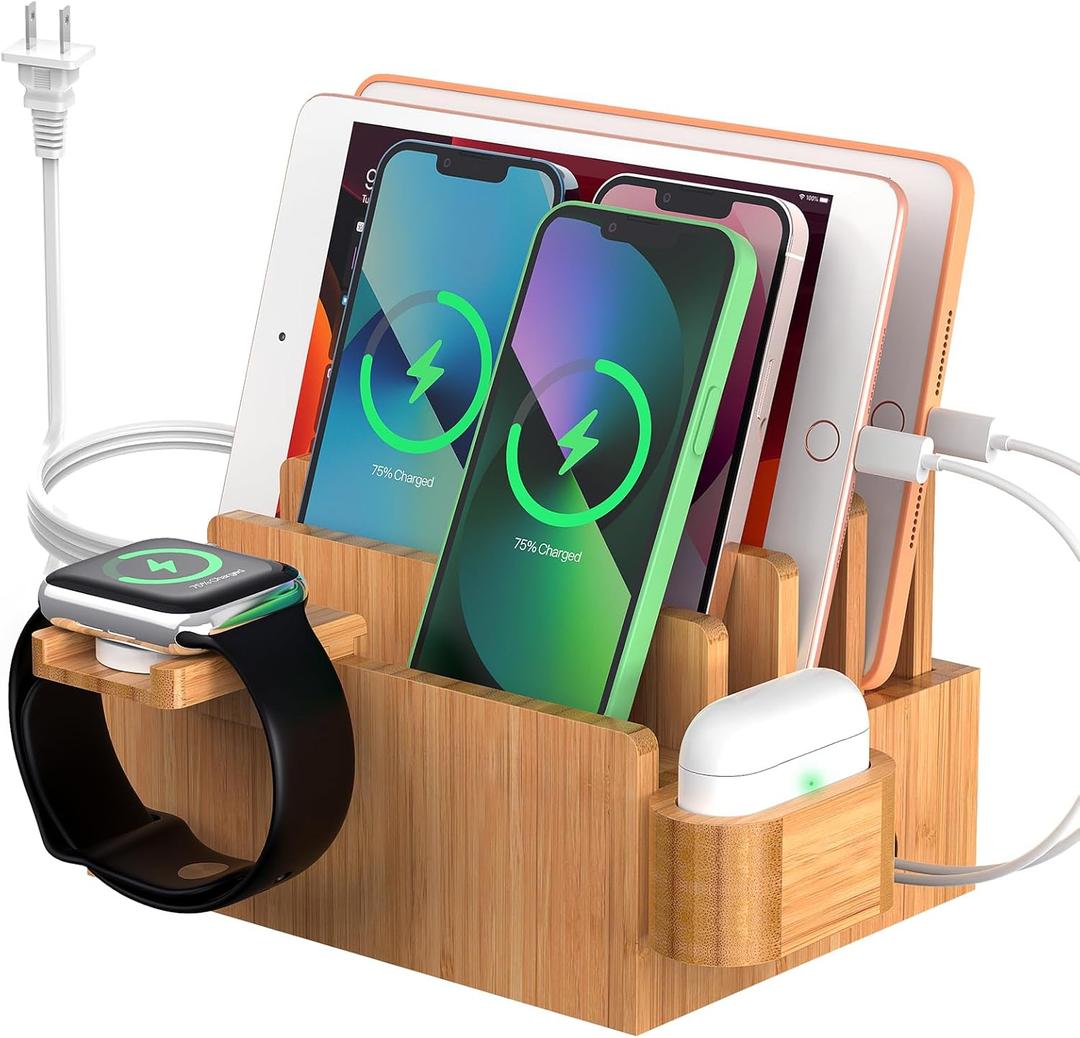 Pezin & Hulin Bamboo Charging Station for Multiple Devices with 5 Port USB Charger, 5 Cables, Watch&Earbuds Stand, Electronic Device Desktop Organizer for Cellphone, Tablet, Watch, Earbuds