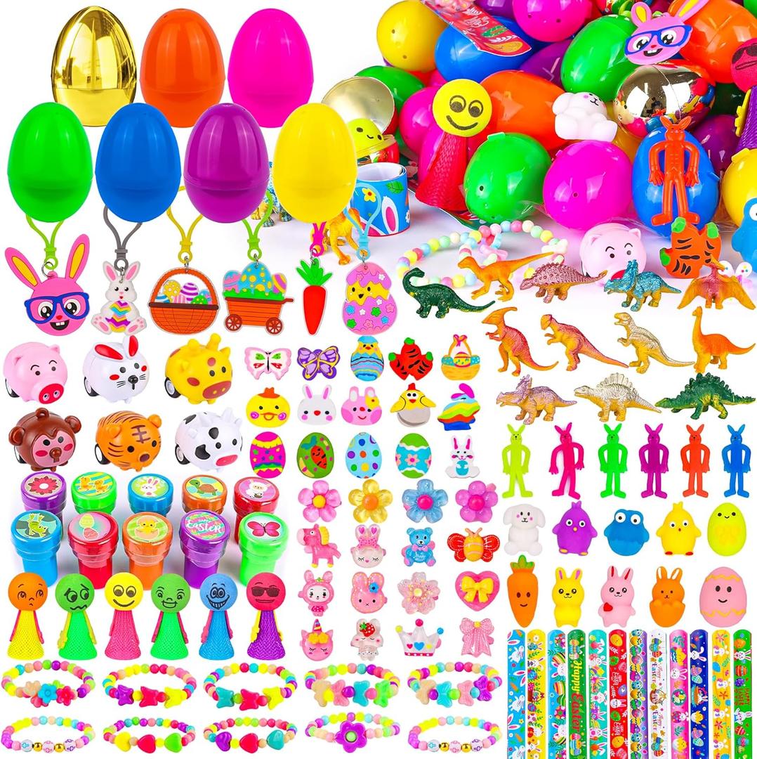 [ 6 Surprise Gold Eggs ] 100 Pack Prefilled Easter Eggs with Assorted Toys Inside, Truly Pre Filled Plastic Easter Egg Filles Fidget Toys Easter Hunt, Basket Stuffers Party Favors for Kids Boys Girls