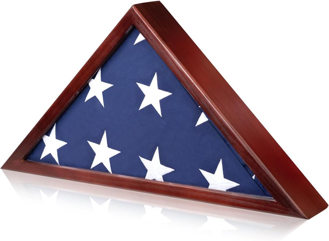Flag Display Case for 5x9.5 ft American Veteran Burial Flag, Mahogany Wooden Frame Case Set, Triangle Solid Shadow Box with Wall Mount Acrylic Front