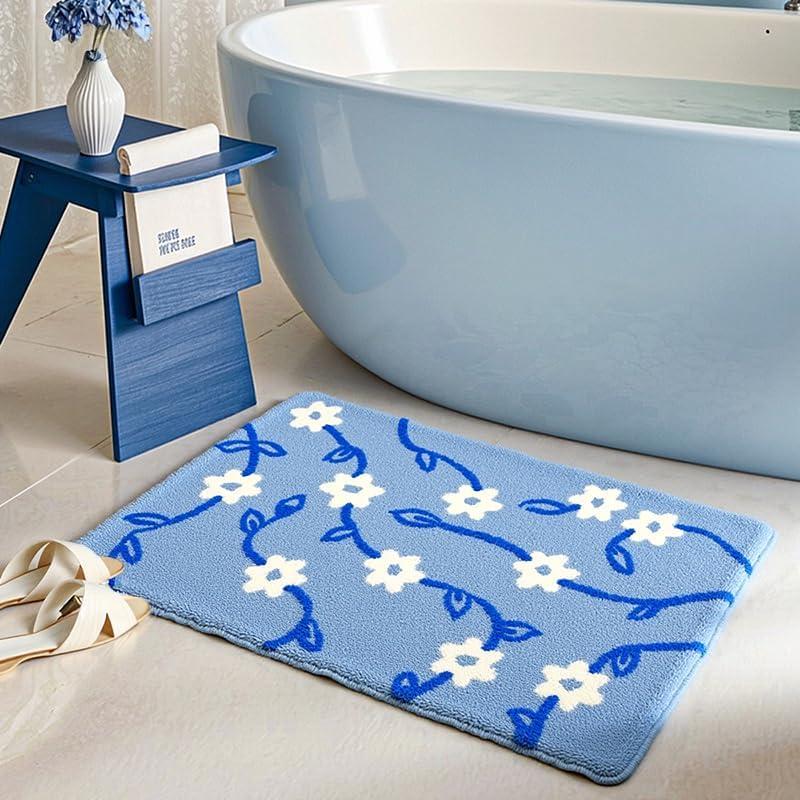 Blue Floral Bath Mats for Bathroom Blue and White Flower Daisy Vintage Rug for Room Decor (Blue, 31" x 20")