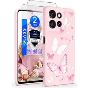 for Motorola Moto G 5G 2025 Case, Girls Women Florals Liquid Silicone Phone Case, Shockproof Anti-Scratch Soft Protection Case with 2X Screen Protectors for Moto G 5G 2025 (Pink Butterflies)