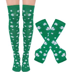 3 x St. Patrick Day Socks and Gloves Set for Women Shamrock Socks Knee High Sock Holiday Socks Party Costume Accessories (Green)