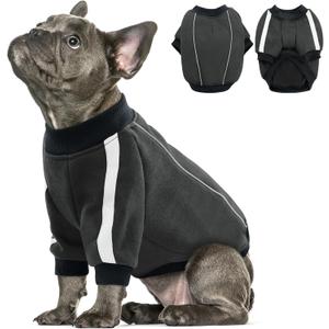 Queenmore Fleece Dog Sweater for Male Dogs, Soft Pullover Dog Sweatshirt with Leash Hole/Reflective Stripes Cozy Winter Fleece Jacket for  Large Boy Puppy, Grey