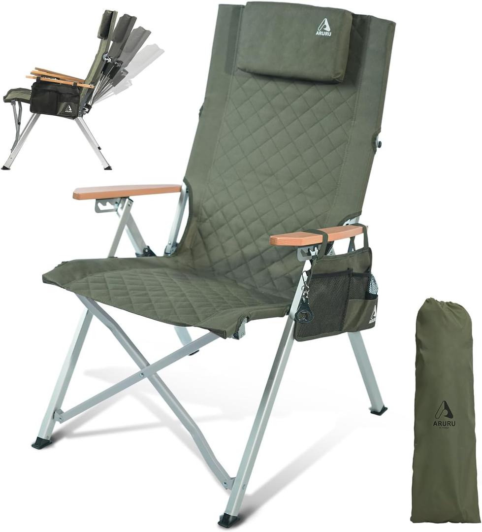 Reclining Camping Chair, Heavy Duty Folding Chairs with 4-Stage Adjustable High Back for Adults, Compact Foldable Outdoor Patio Reclining Chair with Storage Bag Green (1 PACK)