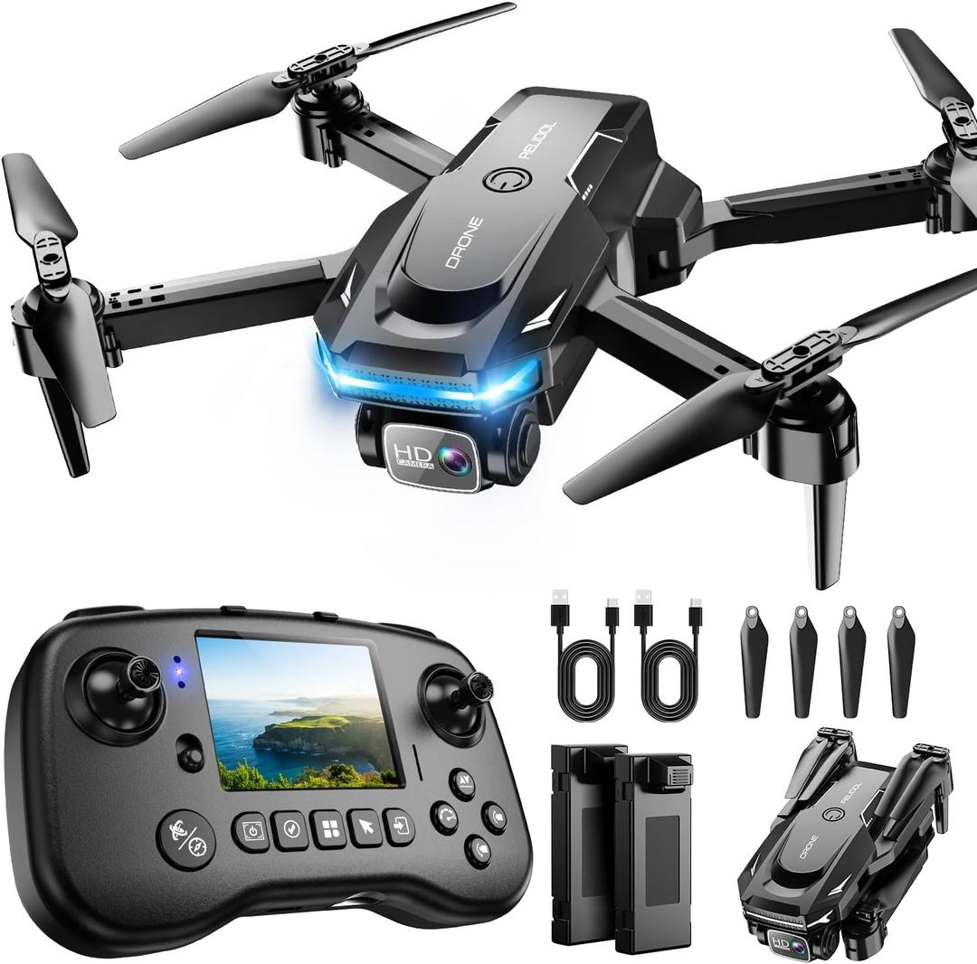 Drone with Camera - Drone with Screen on Controller for Beginners, Foldable Remote Control Quadcopter with Gesture Control, 3D Flip, One Key Start, Emergency Stop, 2 Batteries, Easier to use to use (PK01 Screen Control Black-1)