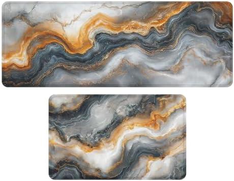 XTCWJS Marble Farmhouse Kitchen Rug 2 Piece Set Abstract Orange White Black Fluid Design Kitchen Rugs Decor Kitchen Floor Mat Set Non-Skid Washable Kitchen Runner Rug 17x30+17x47 Inches