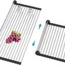 Extra Large Expandable Roll Up Dish Drying Rack,Over The Sink Drying Rack Sink Cover Kitchen Sink Accessories Kitchen Rolling up Stainless Steel Drainer, Foldable,Rollable Black22.8''-12.4''