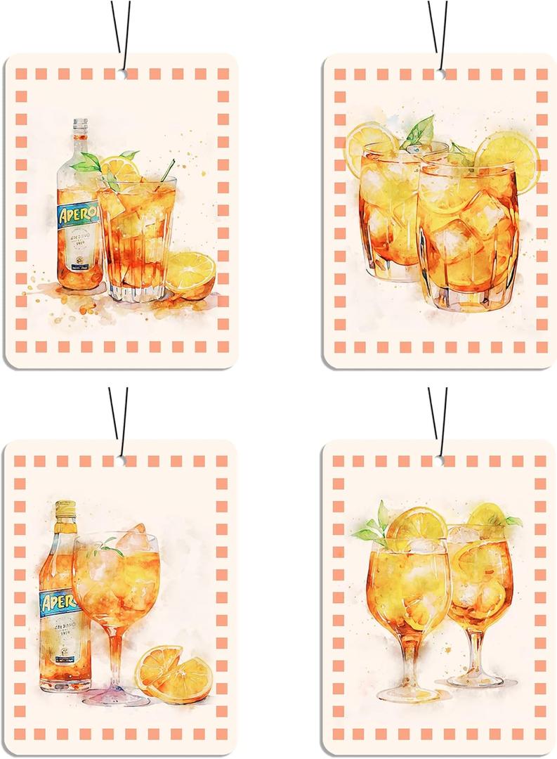 Aperol Spritz Car Air Freshener 4 Pcs, Watercolor Cocktail Scented Hanging Decor for Women Adults, Vehicles Home Bar, Trendy Drink-Themed Mirror Accessory Gift