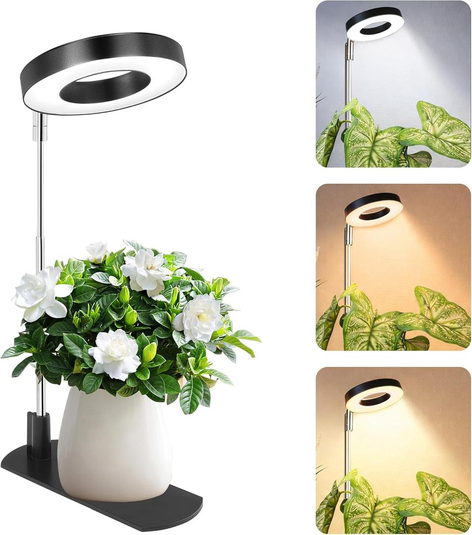 LBW Grow Light for Indoor Plants, Full Spectrum Plant Grow Light with Base, Height Adjustable Plant Growing Lamp with Auto On/Off Timer 6/8/12/16H, 3 Colors,5 Dimming Levels, for Small Plants, Black