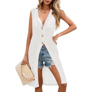 Cakulo Womens Crochet Sleeveless Summer Cardigan Long Duster Cadigans Sweater Vest 2026 Vacation Resort Wear Beach Cover Ups (L)