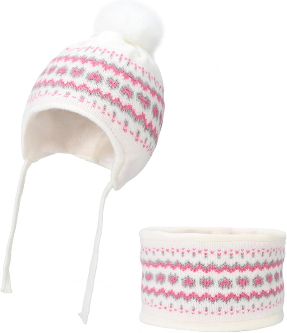 Kids Winter Hat Scarf Set for Girls Boys, Toddler Knit Beanie Hat & Neck Warmer Sets with Warm Fleece Lined Pom (White)
