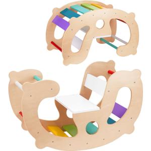 2 in 1 Rainbow Climbing Toys - Pikler Montessori Climbing Set, Wooden Rocking Horse Toy, Children Indoor Outdoor Play Gym Learning Playset, Playground for Kids Present (Medium)