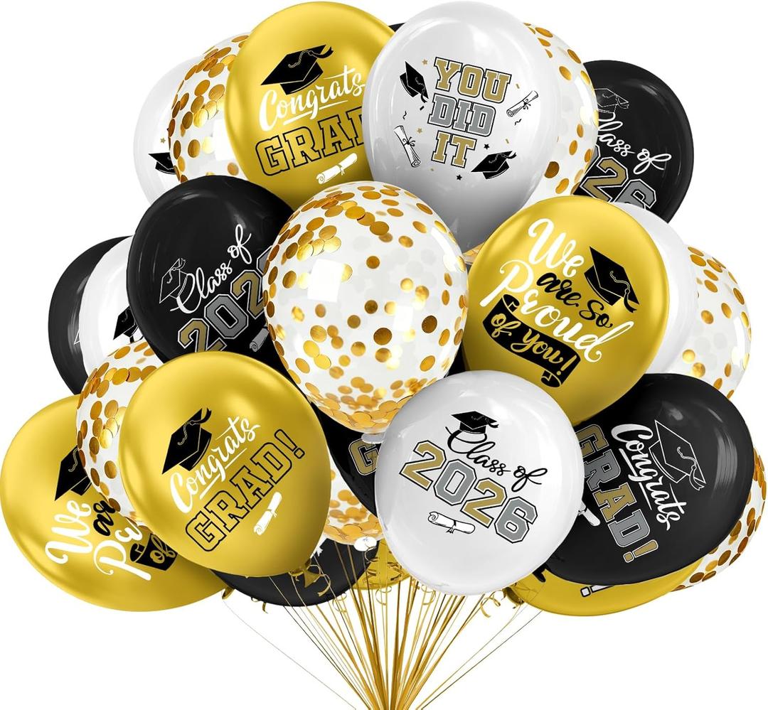 2026 Black & Gold Graduation Decorations Set - 63Pcs Graduation Grad Latex Balloons with Ribbons, Congrats Grad Caps for College & High School Party Supplies