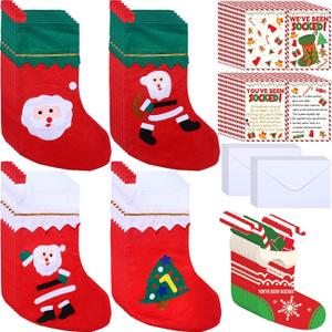 96 Pcs Christmas Favor Gifts 24 Pack 15" Felt Christmas Stockings Bulk 24 You've Been Socked Card with Envelope 24 Candy Cane Doorknob Hanging Ornaments for Family Xmas Present Party Decorations