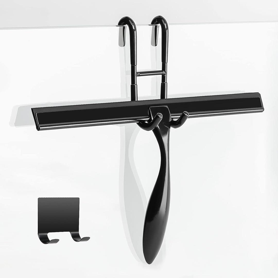 Simtive 12-Inch Shower Squeegee Set, Includes Shower Door Hook and Adhesive Hook, Squeegee for Shower Doors, Mirror and Window, Black