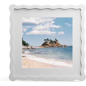 10x10 Picture Frame with Mat for 8x8, Wavy Edge Wooden Real Glass Photo Frame for Tabletop and Wall Hanging, White, 1 Pack